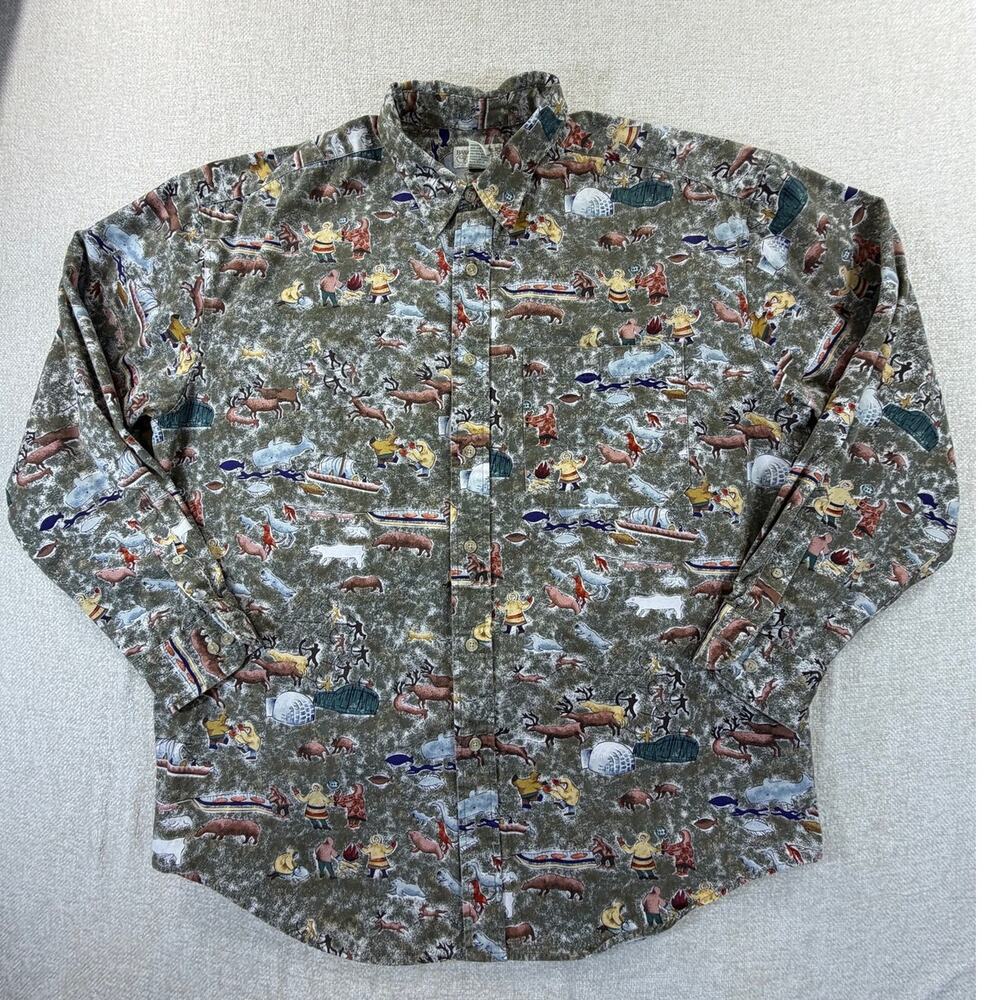 Banana Republic Men Green XL Safari Travel Wildlife Eskimo Button Front Shirt